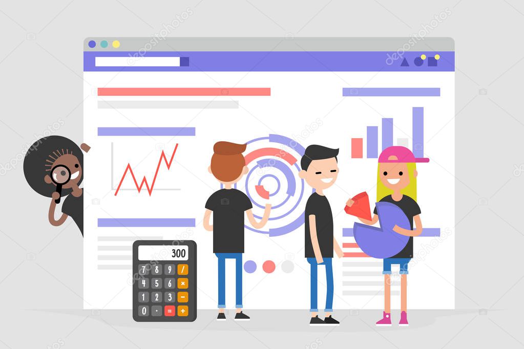 Data analysis conceptual illustration. Young character standing in front of the browser with charts and infographics. Information. International millennial team. Flat editable vector, clip art