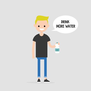 Daha fazla su içmek. Faydalı tavsiyeler. Sağlıklı bir yaşam tarzı. Düz düzenlenebilir vektör çizim, küçük resim. Bir plastik şişe tutan genç karakter