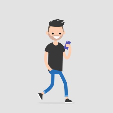 Karakter kullanarak yürüyüş genç telefon. Bin yıllık üretimi. Teknoloji. Düz düzenlenebilir vektör çizim, küçük resim