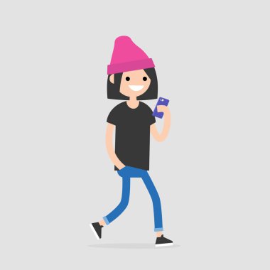 Telefonunuzun ve genç kadın yürüyen karakter. Bin yıllık üretimi. Teknoloji. Düz düzenlenebilir vektör çizim, küçük resim