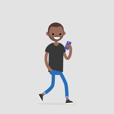 Genç telefon kullanarak yürüyüş karakter siyah. Bin yıllık üretimi. Teknoloji. Düz düzenlenebilir vektör çizim, küçük resim