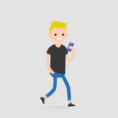 Karakter kullanarak yürüyüş genç telefon. Bin yıllık üretimi. Teknoloji. Düz düzenlenebilir vektör çizim, küçük resim