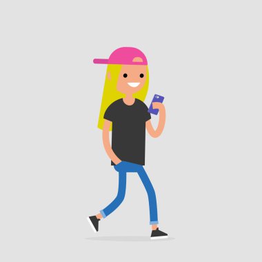 Telefonunuzun ve genç kadın yürüyen karakter. Bin yıllık üretimi. Teknoloji. Düz düzenlenebilir vektör çizim, küçük resim