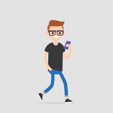 Karakter kullanarak yürüyüş genç telefon. Bin yıllık üretimi. Teknoloji. Düz düzenlenebilir vektör çizim, küçük resim