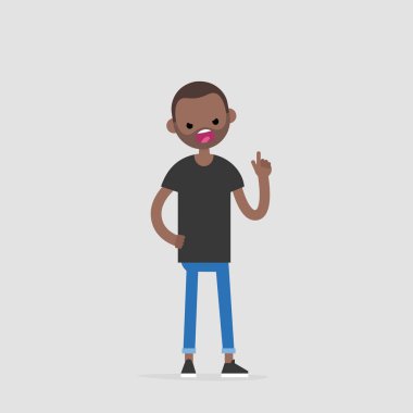 Young pissed off character pointing a finger and yelling at someone / flat editable vector illustration, clip art