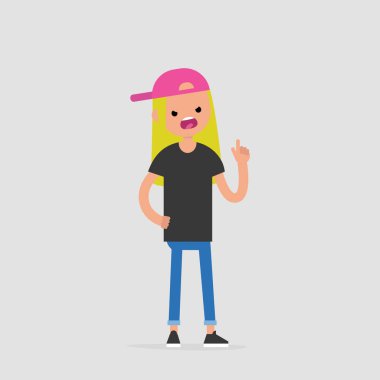 Young pissed off character pointing a finger and yelling at someone / flat editable vector illustration, clip art