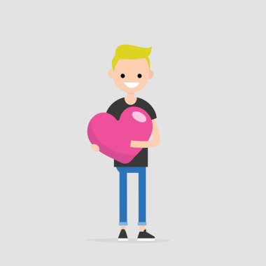 Saint Sevgililer kavramı. Genç gülümseyen bir büyük pembe kalp tutan karakter. Aşk Bildirgesi. Düz düzenlenebilir vektör çizim, küçük resim