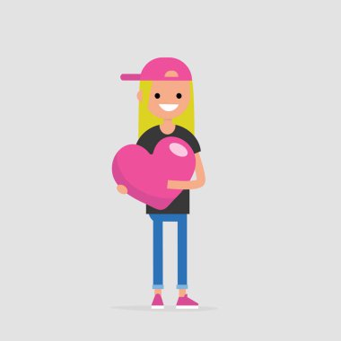 Saint Sevgililer kavramı. Genç erkek karakter büyük bir pembe kalp tutan gülümseyerek. Aşk Bildirgesi. Düz düzenlenebilir vektör çizim, küçük resim