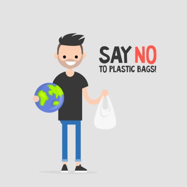 Plastik torbalar için Hayır. Çevre aktivist bir küre tutan. Ekoloji konuşma. Düz düzenlenebilir vektör çizim, küçük resim