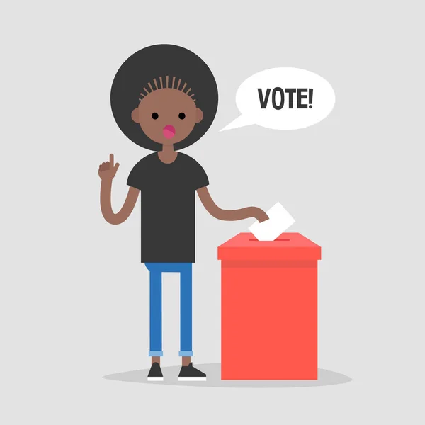 概念说明 年轻女性黑人字符呼唤参与选举 平面可编辑矢量插图 剪贴画 — 图库矢量图片