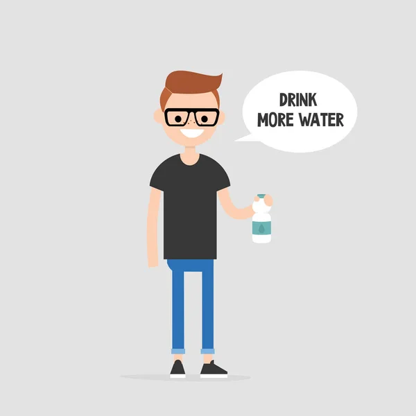 Drink more water. Helpful advice. Healthy lifestyle. Flat editable vector illustration, clip art. Young character holding a plastic bottle