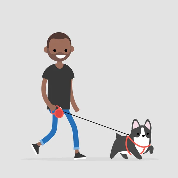 Junger Schwarzer Charakter Der Einen Hund Ausführt Haustierbesitzer Flache Editierbare — Stockvektor