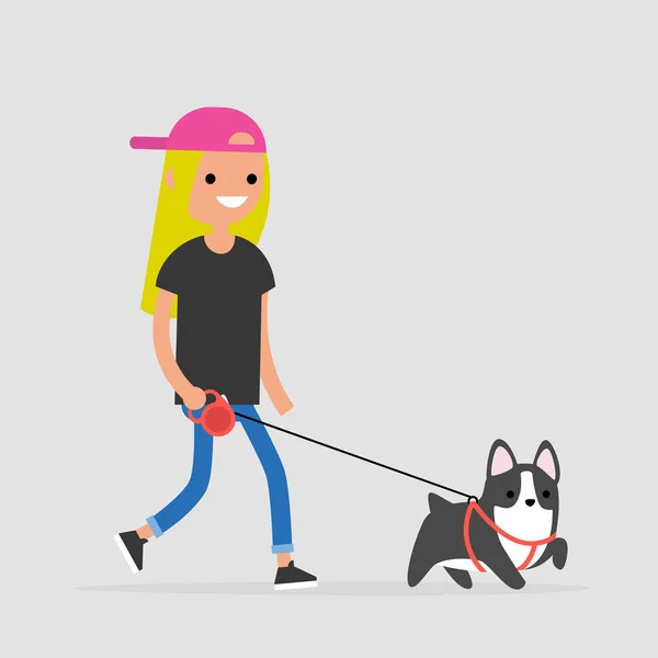 Wanita Muda Karakter Berjalan Anjing Pemilik Hewan Peliharaan Ilustrasi Vektor - Stok Vektor
