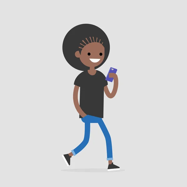 Giovane Nero Personaggio Femminile Piedi Utilizzando Telefono Generazione Millenaria Tecnologia — Vettoriale Stock