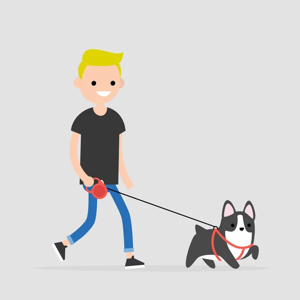 Personagem Jovem Passeando Cão Dono Animais Ilustração Vetorial Editável Plana —  Vetores de Stock