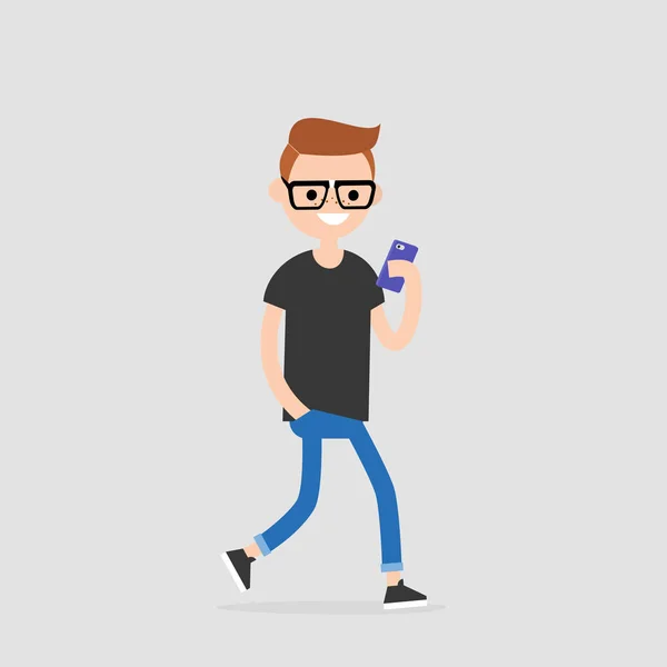 Personagem Jovem Andando Usando Telefone Geração Milenar Tecnologia Ilustração Vetorial —  Vetores de Stock
