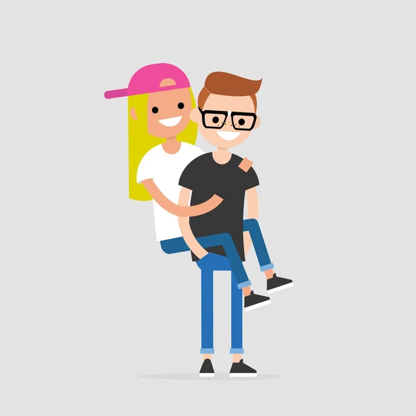 Piggyback Ride Couple Teenagers Having Fun Youth Lifestyle Flat Editable — Stock Vector