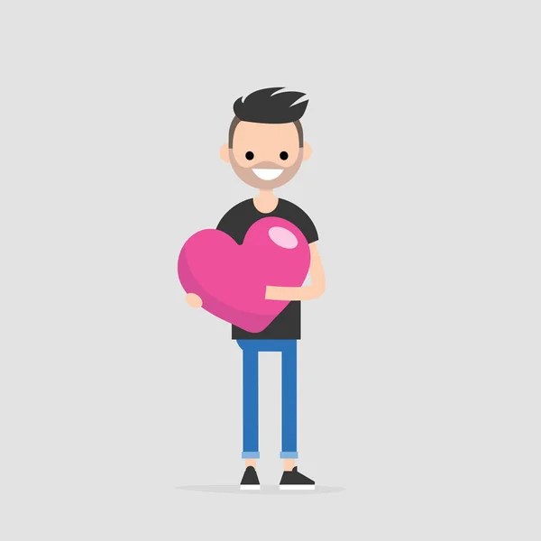 Saint Valentines Concept Young Smiling Character Holding Big Pink Heart — Stock Vector