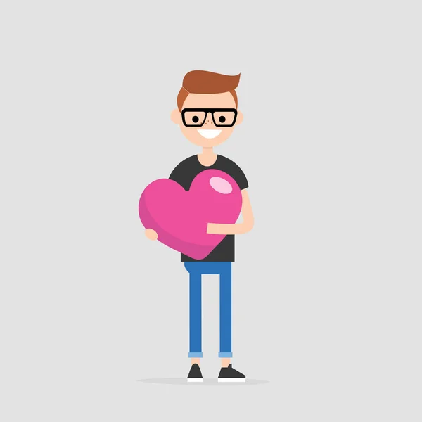 Concepto San Valentín Joven Personaje Sonriente Sosteniendo Gran Corazón Rosa — Vector de stock