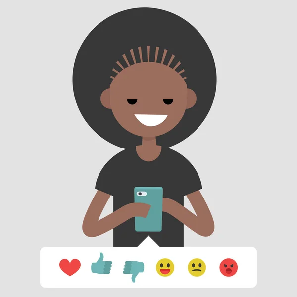 Millennial Conceptual Illustration Young Black Female Character Picking Emoticon Icon — Stock Vector