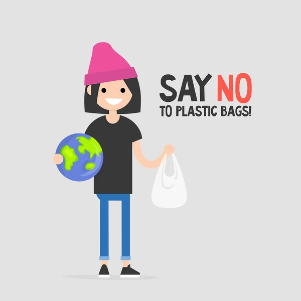 Скажи Пластиковим Пакетам Жіноча Екологічна Активістка Тримає Глобус Екологічна Розмова — стоковий вектор