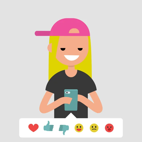 Millennial Conceptual Illustration Young Female Character Picking Emoticon Icon Rate — Stock Vector