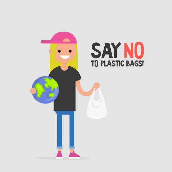 Zeg Nee Tegen Plastic Zakken Vrouwelijke Eco Activist Houden Een — Stockvector