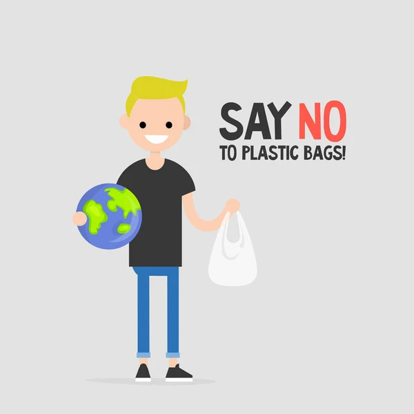 Скажи Пластиковым Пакетам Эко Активист Держит Глобус Экологический Разговор Плоская — стоковый вектор