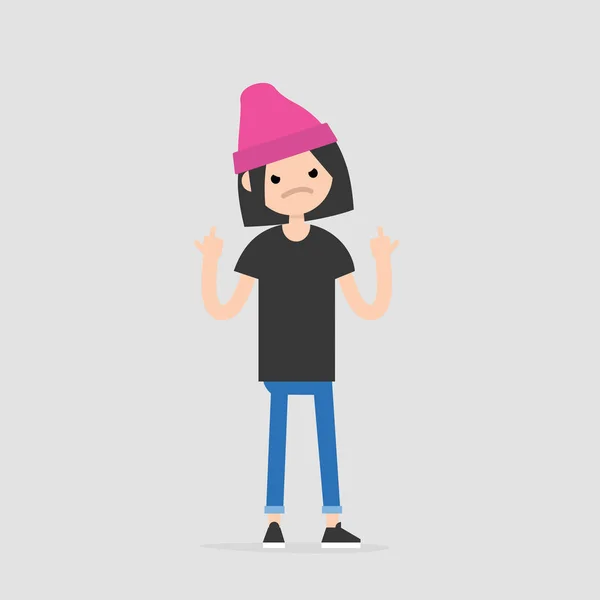 Young Pissed Female Character Showing Middle Fingers Gestures Emotions Flat Stock Illustration