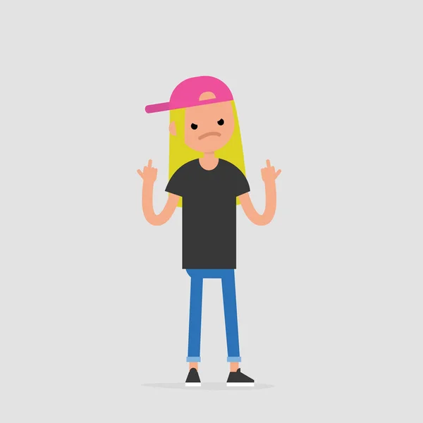 Young Pissed Female Character Showing Middle Fingers Gestures Emotions Flat Vector Graphics