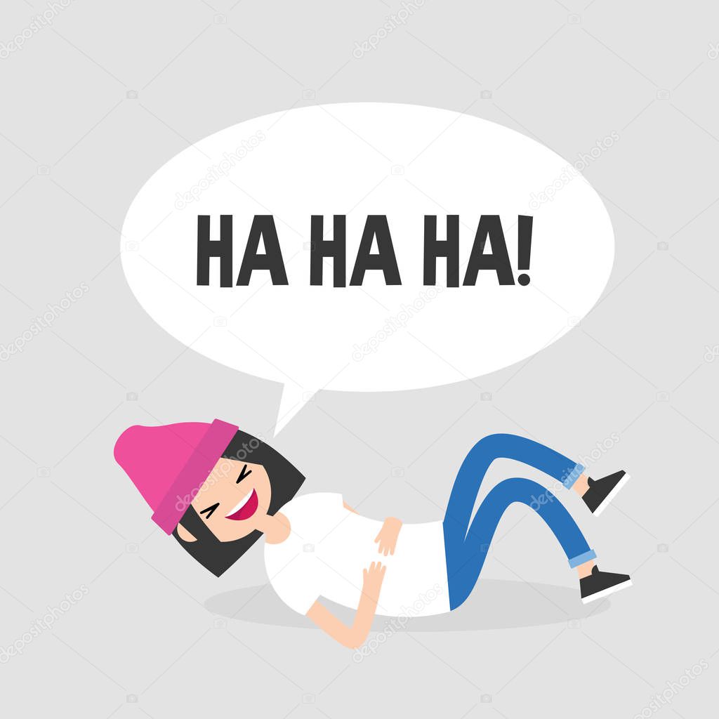 Rolling on the floor laughing. Conceptual illustration. Young female character having fun. Humor. Flat editable vector illustration, clip art