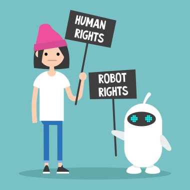 İnsan hakları vs Robot hakları / holding protesto işaretler / düzenlenebilir düz çizgi film karakterleri vektör resim, küçük resim