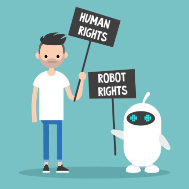 İnsan hakları vs Robot hakları / holding protesto işaretler / düzenlenebilir düz çizgi film karakterleri vektör resim, küçük resim