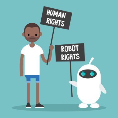 İnsan hakları vs Robot hakları / holding protesto işaretler / düzenlenebilir düz çizgi film karakterleri vektör resim, küçük resim