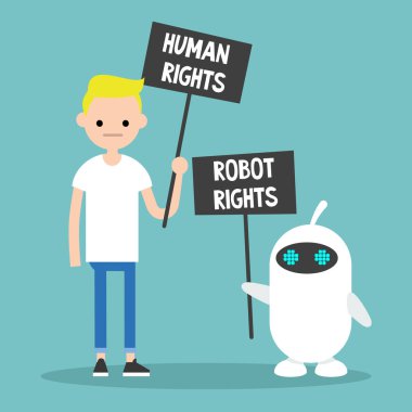 İnsan hakları vs Robot hakları / holding protesto işaretler / düzenlenebilir düz çizgi film karakterleri vektör resim, küçük resim