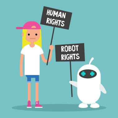 İnsan hakları vs Robot hakları / holding protesto işaretler / düzenlenebilir düz çizgi film karakterleri vektör resim, küçük resim