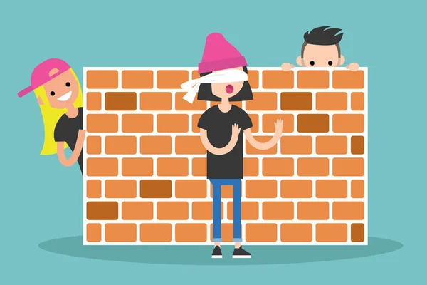 Cacher Chercher Jeu Jeunes Personnages Jouant Près Mur Briques Illustration — Image vectorielle