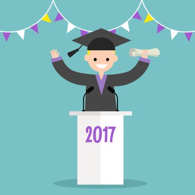 Mezun öğrenci bir kap ve bir elbise tribün arkasında ayakta / düz düzenlenebilir vektör resim, küçük resim