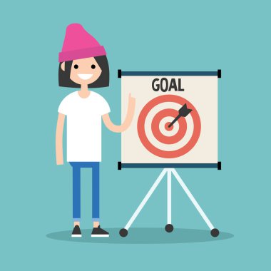 Hedef kavramsal çizimi. Genç kadın karakter dart tahtası üzerinde işaretleme / düz düzenlenebilir vektör resim, küçük resim