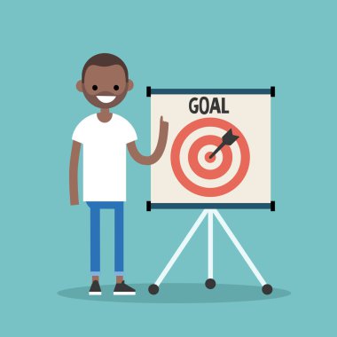 Hedef kavramsal çizimi. Genç siyah karakter dart tahtası üzerinde işaretleme / düz düzenlenebilir vektör resim, küçük resim