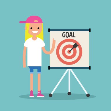 Hedef kavramsal çizimi. Genç kadın karakter dart tahtası üzerinde işaretleme / düz düzenlenebilir vektör resim, küçük resim