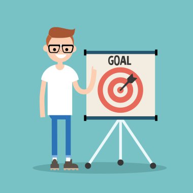 Hedef kavramsal çizimi. Genç karakter dart tahtası üzerinde işaretleme / düz düzenlenebilir vektör resim, küçük resim