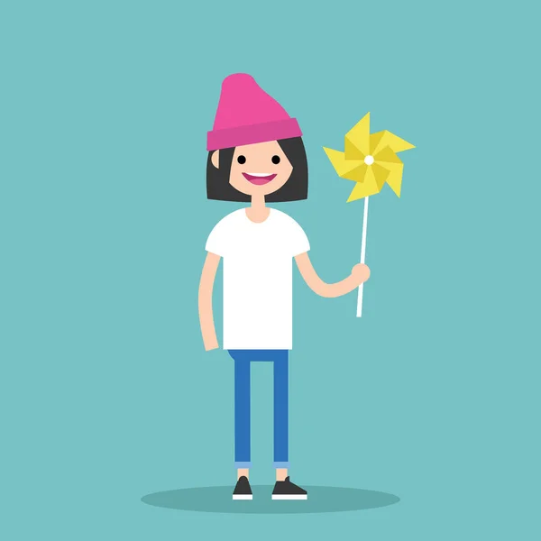 若い幸せな女性キャラクター グッズ風車を保持 フラット編集可能なベクトル イラスト クリップアート — ストックベクタ
