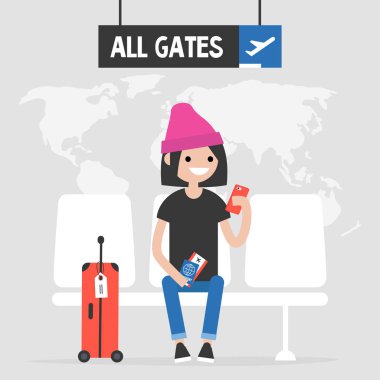 Havaalanı. Genç kadın yolcu için bir uçak bekliyor. Düz düzenlenebilir vektör çizim, küçük resim