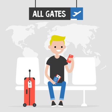 Havaalanı. Genç yolcu için bir uçak bekliyor. Düz düzenlenebilir vektör çizim, küçük resim