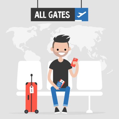 Havaalanı. Genç yolcu için bir uçak bekliyor. Düz düzenlenebilir vektör çizim, küçük resim