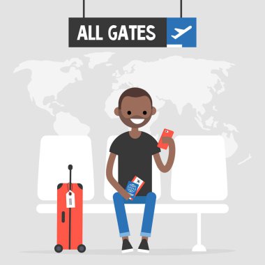 Havaalanı. Genç Siyah yolcu için bir uçak bekliyor. Düz düzenlenebilir vektör çizim, dudak sanat