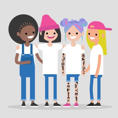 Arkadaşlık. Kız gücü. Sarılma ve gülümseyen farklı milletlerden dört şirin kız. Birlikte eğleniyor. Düz düzenlenebilir vektör çizim, küçük resim