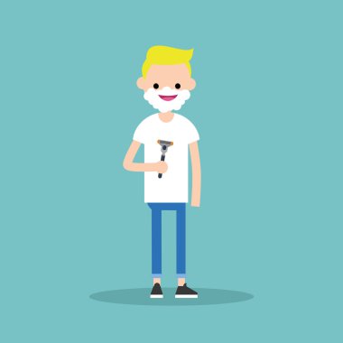 Genç yüzünü tıraş karakter / düz düzenlenebilir vektör resim, küçük resim