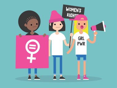 Kadın haklı. Kavramsal çizimi. Feminist gösteri. Bir grup genç kadını kendi hakları için mücadele / daire düzenlenebilir vektör resim, küçük resim